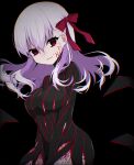  1girl bangs black_background black_dress body_markings breasts dark_persona dark_sakura dress eyebrows_visible_through_hair fate/stay_night fate_(series) hair_between_eyes hair_ribbon heaven&#039;s_feel highres large_breasts long_hair long_sleeves looking_at_viewer matou_sakura red_eyes red_ribbon ribbon simple_background solo striped takae_(poupee_en_biscuit) white_hair 