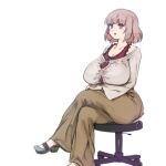  1girl bangs blunt_bangs blush bob_cut breasts collarbone commentary_request crossed_legs highres long_sleeves medium_hair original parted_lips pink_eyes simple_background sitting solo stool tareme tetsuwan_woopie white_background 