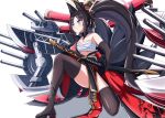 1girl animal_ear_fluff artillery asymmetrical_clothes azur_lane bandages black_choker black_footwear black_gloves black_legwear black_tail blue_eyes breasts brown_hair chest_sarashi choker degawa1121 dress elbow_gloves eyebrows_visible_through_hair full_body gloves highres holding holding_sword holding_weapon japanese_clothes kii_(azur_lane) kitsune kyuubi large_tail long_hair medium_breasts multiple_tails pelvic_curtain ponytail red_dress rigging sarashi sheath sheathed simple_background single_bare_shoulder solo sword tail thigh-highs turret very_long_hair weapon white_background 