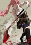  1girl axe belt belt_buckle blood blood_on_weapon boots breasts buckle fire_emblem fire_emblem:_three_houses garreg_mach_monastery_uniform high_heel_boots high_heels highres hilda_valentine_goneril holding holding_axe large_breasts long_hair open_mouth pink_eyes pink_hair sheath sheathed shishima_eichi solo sword thigh-highs tongue twintails weapon zettai_ryouiki 