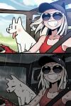  1girl animal bare_shoulders car_interior collarbone day dog facing_viewer fingerless_gloves gloves grin helltaker highres instant_loss justice_(helltaker) long_hair meme noah_(tettsui-sole) rain red_gloves red_shirt round_eyewear sad shirt smile sunglasses teeth tongue tongue_out water wet wet_hair white_hair 