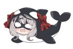  :d animal_costume animalization bangs blush_stickers chibi eye_mask fang hair_ornament hololive kukie-nyan open_mouth orca sakamata_chloe silver_hair smile solo virtual_youtuber 