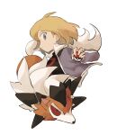  1boy bangs black_shirt blonde_hair closed_mouth commentary_request grey_eyes grey_jacket highres holding holding_poke_ball jacket jiugong_chi logo long_sleeves looking_at_viewer lycanroc lycanroc_(dusk) male_focus open_clothes open_jacket paulo_(pokemon) poke_ball poke_ball_(basic) pokemon pokemon_(creature) pokemon_(game) pokemon_masters_ex shirt short_hair team_rocket upper_body 