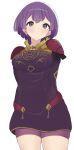  1girl absurdres arms_behind_back bernadetta_von_varley blush breasts commentary_request dress earrings fire_emblem fire_emblem:_three_houses grey_eyes highres jewelry kocha_(jgug7553) medium_breasts medium_hair parted_lips purple_dress purple_hair purple_shorts shorts shorts_under_dress simple_background solo white_background 