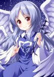  1girl angel blue_dress blue_hair blush breasts collared_shirt commentary dress eyebrows eyelashes highres light_blue_hair long_hair long_sleeves multiple_wings one-hour_drawing_challenge pointing red_eyes ruu_(tksymkw) sariel_(touhou) shirt small_breasts smile touhou touhou_(pc-98) upper_body very_long_hair wand white_shirt wide_sleeves wings 