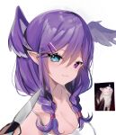  1girl absurdres bare_shoulders blue_eyes blurry braid collarbone commentary depth_of_field english_commentary fang hair_between_eyes hair_ornament hairclip head_wings heterochromia highres inset knife knife_cat_(meme) long_hair looking_at_viewer maru_ccy meme nijisanji nijisanji_en photo_inset pointy_ears portrait purple_hair reference_inset selen_tatsuki shirt simple_background skin_fang twin_braids violet_eyes virtual_youtuber white_background white_shirt 