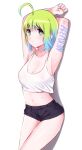  1girl :&lt; absurdres ahoge armpits belly blush breasts green_eyes green_hair highres leaning looking_at_viewer navel neku397 original see-through shirt shorts singlet sleeveless sleeveless_shirt sweat 