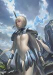  1girl armor blonde_hair blue_eyes bob_cut bodysuit clare_(claymore) claymore closed_mouth clouds grass leo_chuang lips mountainous_horizon outdoors short_hair shoulder_armor shoulder_pads sky straight_hair weapon weapon_on_back 