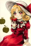  1girl apple blonde_hair blush commentary_request curly_hair dress elly_(touhou) eyebrows_visible_through_hair food frills fruit hat hat_ribbon highres juliet_sleeves long_dress long_sleeves maa_(forsythia1729) medium_hair puffy_sleeves red_dress red_eyes red_neckwear red_ribbon ribbon sitting smile sun_hat touhou touhou_(pc-98) traditional_media white_headwear 