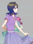  1girl absurdres arm_behind_back bangs black_hair bleach bouquet closed_mouth dated dress flower grey_background highres holding holding_bouquet holding_clothes holding_dress jou_(jo_jjo) kuchiki_rukia looking_to_the_side medium_hair purple_dress solo violet_eyes 