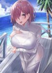  1girl ass bangs beach blue_sky blush breasts fate/grand_order fate_(series) hair_over_one_eye highres kazami_chiu large_breasts light_purple_hair long_sleeves looking_at_viewer mash_kyrielight multiple_views ocean open_mouth shirt sky smile violet_eyes 