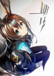  1girl :&gt; amiya_(arknights) animal_ears arknights ascot black_jacket black_legwear blue_ascot blue_eyes brown_hair closed_mouth frilled_ascot frills from_above gesugesu_ahoaho hood hooded_jacket infection_monitor_(arknights) jacket jewelry long_hair looking_at_viewer multiple_rings neck_ring open_clothes open_jacket ponytail rabbit_ears rabbit_girl rhodes_island_logo ring shiny shiny_hair sidelocks sitting smile solo thumb_ring 