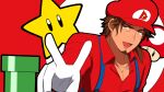  1boy :d belmond_banderas brown_eyes brown_hair choco_(chocovix112) collared_shirt cosplay dress_shirt facial_hair flat_cap gloves hat highres long_sleeves looking_at_viewer male_focus mario mario_(cosplay) nijisanji pipes red_background red_headwear red_shirt shirt smile solo star_(symbol) stubble super_mario_bros. super_mushroom thick_eyebrows two-tone_background v v-shaped_eyebrows virtual_youtuber white_background white_gloves 