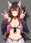  1girl animal_ear_fluff animal_ears bangs bell bikini black_choker black_hair black_jacket blush breasts brown_eyes choker closed_mouth commentary double_v eyebrows_visible_through_hair hair_between_eyes hands_up hololive jacket kollerss large_breasts leaf long_hair long_sleeves looking_at_viewer multicolored_hair navel neck_bell ookami_mio open_clothes open_jacket print_bikini redhead simple_background solo stomach streaked_hair sweat swimsuit symbol-only_commentary thigh-highs v very_long_hair virtual_youtuber white_bikini wolf_ears 