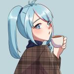  :o absurdres alice_ara azura_cecillia bangs blue_background blue_hair blue_scarf blush braid bright_pupils brown_jacket commentary commission cup english_commentary eyebrows_visible_through_hair from_side hand_up highres holding holding_cup jacket looking_at_viewer looking_to_the_side medium_hair multicolored_hair nijisanji nijisanji_id open_mouth pink_hair plaid plaid_jacket ponytail scarf second-party_source solo streaked_hair teacup unmoving_pattern virtual_youtuber white_pupils 