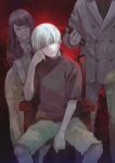  1girl 2boys arm_support bangs black_eyes black_shirt brown_shirt buttons chair cheek_rest double-breasted dress feet_out_of_frame glasses green_necktie grey_hair heterochromia highres holding kamishiro_rize kaneki_ken kyuuba_melo long_hair long_sleeves multiple_boys necktie omori_yakumo pants puffy_short_sleeves puffy_sleeves red_background red_eyes redhead shirt short_hair short_sleeves shorts sitting tokyo_ghoul torn_clothes torn_shirt torn_shorts 