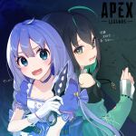  2girls :3 apex_legends back-to-back bangs blue_bow blue_choker blue_skirt bow braid choker gloves green_eyes green_jacket hair_between_eyes hair_bow heart highres holding holding_knife jacket knife kunai logo long_hair multiple_girls nijisanji nijisanji_kr nun_bora_(artist) off_shoulder open_mouth shin_yuya skirt smile twin_braids virtual_youtuber weapon white_gloves wraith&#039;s_kunai yuuki_chihiro 