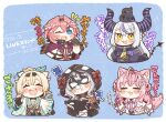  5girls :3 :d ;d ^_^ ahoge animal_ear_fluff animal_ears animal_on_head bird bird_on_head black_gloves blonde_hair blue_background blue_eyes blush_stickers braid chibi closed_eyes commentary_request crow_(la+_darknesss) eye_mask fang fingerless_gloves gloves grey_hair hakui_koyori head_wings highres hololive holox hood horns kazama_iroha la+_darknesss multiple_girls nose_bubble on_head one_eye_closed pink_hair sakamata_chloe same_anko simple_background smile takane_lui translation_request triangle_mouth virtual_youtuber white_hair yellow_eyes zzz 