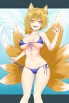  1girl :d alternate_costume animal_ear_fluff animal_ears arm_up bangs bare_shoulders blonde_hair blue_nails blue_swimsuit blush breasts collarbone commentary_request dai_zu_san eyebrows_visible_through_hair eyelashes fangs fingernails fox_ears fox_tail hair_between_eyes highres kitsune knees large_breasts letterboxed looking_at_viewer multiple_tails nail_polish navel open_mouth sharp_fingernails shiny shiny_skin short_hair slit_pupils smile solo standing stomach string_pull sweat swimsuit tail thighs tongue touhou yakumo_ran yellow_eyes 
