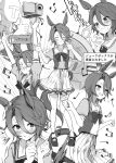  1boy 1girl ^^^ absurdres animal_ears arms_up bangs beamed_eighth_notes blush camcorder closed_eyes commentary_request dancing eighth_note greyscale highres horse_ears horse_girl horse_tail jukebox kotonari_seesaa monochrome motion_lines multiple_views musical_note narita_taishin_(umamusume) nose_blush open_mouth parted_bangs pleated_skirt puffy_short_sleeves puffy_sleeves recording sailor_collar school_uniform shoes short_hair short_sleeves skirt smile sweat t-head_trainer tail thumbs_up tracen_school_uniform trainer_(umamusume) translation_request umamusume 