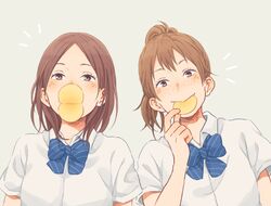  2girls blush_stickers bow bowtie brown_eyes brown_hair chips commentary_request food food_in_mouth freckles haikyuu!! hair_between_eyes laugh_111 looking_at_viewer mouth_hold multiple_girls ponytail potato_chips pringle_duck school_uniform shirofuku_yukie shirt short_hair short_sleeves simple_background suzumeda_kaori upper_body white_shirt 