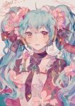  1girl absurdres black_bow black_bowtie black_choker black_necktie blue_hair bow bowtie choker eyebrows_visible_through_hair flower frills hair_flower hair_ornament hair_ribbon hatsune_miku highres lobelia_(saclia) long_hair looking_at_viewer necktie parted_lips pink_flower red_eyes red_ribbon ribbon solo symbol-only_commentary twintails upper_body vocaloid 