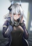  1girl arknights blacksteel_worldwide_(arknights) blush breasts dragon_girl dragon_horns eyebrows_visible_through_hair glasses grey_hair highres horns jacket krirk large_breasts liskarm_(arknights) long_sleeves looking_at_viewer open_mouth ponytail silver_hair 