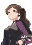  1girl bangs black_choker black_jacket black_shirt breasts brown_eyes brown_hair choker closed_mouth commentary_request hand_in_pocket idolmaster idolmaster_million_live! idolmaster_million_live!_theater_days jacket kamille_(vcx68) kitazawa_shiho large_breasts long_hair long_sleeves looking_at_viewer open_clothes open_jacket ponytail shirt simple_background solo upper_body white_background wireless_earphones 