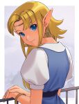  1girl a_(user_vtsy8742) bangs blonde_hair blue_dress blue_eyes bracelet closed_mouth dress earrings eyelashes fence highres jewelry long_hair looking_back parted_bangs pointy_ears princess_zelda shirt short_sleeves sidelocks smile solo the_legend_of_zelda white_shirt 