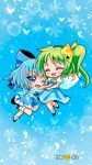  2girls ascot black_footwear blue_bow blue_dress blue_eyes blue_hair blue_skirt blue_vest bow brown_footwear chibi cirno closed_eyes collared_shirt commentary_request daiyousei dress eyebrows_visible_through_hair fairy_wings green_hair hair_bow hair_ribbon highres ice ice_wings multiple_girls neck_ribbon one_eye_closed open_mouth pinafore_dress puffy_short_sleeves puffy_sleeves red_neckwear ribbon shachikuneko000 shirt shoes short_hair short_sleeves side_ponytail skirt socks touhou vest white_shirt wings yellow_ascot yellow_ribbon 