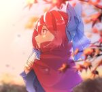  1girl ahoge artist_name autumn_leaves blue_bow blue_hair blurry bow branch cloak commentary_request eyebrows_visible_through_hair from_side hair_between_eyes hair_bow half_updo hand_up high_collar long_sleeves noumin_joemanyodw outdoors parted_lips pink_eyes profile red_cloak redhead sekibanki short_hair solo touhou 