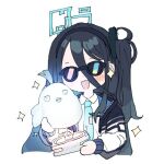  1girl blue_archive commentary_request dark_blue_hair glasses hair_between_eyes halo headband long_hair necktie open_mouth peroro_(blue_archive) school_uniform simple_background solo sparkle sunglass trophy white_background 