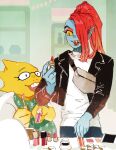  2girls alphys blue_skin colored_sclera colored_skin corogarucoromo cosmetics furry glasses head_fins highres jacket lipstick_tube makeup multiple_girls ponytail redhead sharp_teeth teeth undertale undyne yellow_sclera yellow_skin 