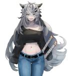  1girl :d alternate_costume animal_ears arknights bangs bare_shoulders belt black_belt black_shirt commentary cowboy_shot crop_top crop_top_overhang denim fangs grey_eyes hair_between_eyes hair_ornament hairclip highres indra_(azdr2457) jeans katana lappland_(arknights) long_hair long_sleeves looking_at_viewer midriff navel off-shoulder_shirt off_shoulder pants scar scar_across_eye sheath sheathed shirt silver_hair simple_background sleeves_past_fingers sleeves_past_wrists smile solo standing stomach sword thighs very_long_hair weapon white_background wolf_ears 