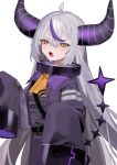  1girl absurdres ahoge bebe_pp blush braid breasts coat collar fang grey_hair hair_between_eyes highres hololive horns la+_darknesss long_hair looking_at_viewer open_mouth pointy_ears purple_hair simple_background sleeves_past_wrists solo very_long_hair virtual_youtuber white_background yellow_eyes 