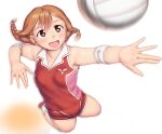  1girl bangs blush braid brown_eyes commentary_request elbow_sleeve from_above hair_between_eyes kneepits light_brown_hair medium_hair open_mouth original orizen outstretched_arm shirt simple_background sleeveless sleeveless_shirt smile solo sportswear twintails volleyball white_background 