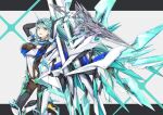  1girl bangs breasts chest_jewel earrings gloves green_eyes green_hair high_heels highres jewelry large_breasts long_hair pneuma_(xenoblade) ponytail sarasadou_dan simple_background solo swept_bangs sword tiara very_long_hair weapon white_background wings xenoblade_chronicles_(series) xenoblade_chronicles_2 