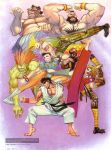  1girl barefoot blanka bracelet brown_eyes brown_hair bun_cover china_dress chinese_clothes chun-li closed_mouth dhalsim double_bun dress edmond_honda guile highres jewelry ken_masters multiple_boys open_mouth pantyhose ryu_(street_fighter) short_hair simple_background spiked_bracelet spikes street_fighter street_fighter_ii_(series) yasuda_akira zangief 