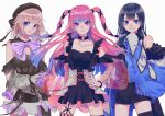  3girls amatsuki_koyomi bangs black_hair blue_eyes blue_hair bow bracelet choker earrings epitamago eyebrows_visible_through_hair gradient_hair grey_hair hanaizumi_joa hand_on_hip highres jewelry long_hair looking_at_viewer medium_hair multicolored_hair multiple_girls o-ring o-ring_choker parted_lips pink_hair purple_bow ritao_kamo simple_background smile striped striped_bow twintails twitter_username upper_body v-wave_project violet_eyes white_background 