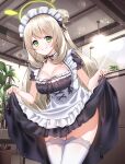  1girl apron bangs blue_archive blush cafe choker clothes_lift green_eyes highres ine_(ineinnen) lace-trimmed_legwear lace_trim lifted_by_self light_brown_hair maid maid_apron maid_headdress nonomi_(blue_archive) plant ribbon ribbon_trim skirt skirt_lift smile thigh-highs thighs white_legwear 