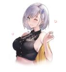  1girl absurdres bare_shoulders blue_eyes braid breasts earrings hair_ornament highres hololive hololive_indonesia jewelry large_breasts looking_at_viewer official_alternate_costume one_eye_closed pavolia_reine rs2aky short_hair sideboob silver_hair solo upper_body virtual_youtuber 