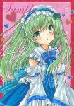  1girl :o back_bow bare_shoulders blue_bow blue_bowtie blue_hairband blue_ribbon blue_skirt bow bowtie cowboy_shot detached_sleeves eyebrows_visible_through_hair frilled_bow frilled_hairband frilled_shirt_collar frilled_sleeves frills green_eyes green_hair hairband head_tilt heart heart_background kochiya_sanae long_hair looking_at_viewer marker_(medium) open_mouth pink_background ribbon ribbon-trimmed_sleeves ribbon_trim rui_(sugar3) sample shirt skirt sleeve_ribbon sleeveless sleeveless_shirt solo touhou traditional_media white_shirt wide_sleeves 