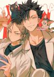 2boys :&lt; animal_on_head animal_on_shoulder artist_name black_cat black_hair black_shirt blonde_hair brown_eyes cat cat_on_head cat_on_shoulder claw_pose closed_mouth collarbone collared_shirt forehead haikyuu!! hair_between_eyes hair_ornament hairclip hand_up jacket kadeart kitten kozume_kenma kuroo_tetsurou looking_at_viewer male_focus multicolored_hair multiple_boys on_head open_clothes open_jacket parted_lips playing_games shirt short_hair simple_background slit_pupils spiky_hair streaked_hair symbol-only_commentary two-tone_hair upper_body v-shaped_eyebrows yellow_eyes 