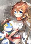  1girl ball blue_eyes blush box bra brown_hair buruma gym_uniform looking_at_viewer original original_character ponytail see-through short_shorts smile solo steam stone_wall storage_room sweat sweating_profusely volleyball wet wet_clothes 