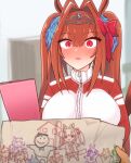 1girl animal_ears bangs blurry blurry_foreground blush bow breasts commentary_request daiwa_scarlet_(umamusume) fang full-face_blush hair_bow hair_intakes highres holding holding_paper horse_ears jacket large_breasts long_hair looking_at_viewer notebook paper parted_lips pov pov_hands red_bow red_eyes redhead ro_(aahnn) skin_fang slit_pupils solo sweatdrop tiara track_jacket twintails umamusume zipper 