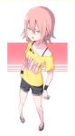  :o earrings highres jewelry looking_at_viewer neku397 open_mouth original pink_hair ring shirt short_hair shorts slippers tomboy torn_clothes torn_shirt yellow_eyes yellow_shirt 