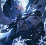  1girl black_hairband blue_gloves blue_hair blue_necktie closed_mouth dancing eula_(genshin_impact) genshin_impact gloves hairband medium_hair moon multicolored_eyes necktie outstretched_hand snowflakes vision_(genshin_impact) yellow_eyes zhiyan_li 