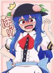  !? 1girl back_bow bangs black_headwear blue_hair blush bow buttons center_frills collared_dress commentary_request dress embarrassed eyebrows_visible_through_hair eyelashes frills fruit_hat_ornament hand_on_hip hinanawi_tenshi leaf long_hair looking_at_viewer open_mouth peach_hat_ornament puffy_short_sleeves puffy_sleeves red_neckwear red_ribbon ribbon shio_(futatsumami) shirt short_sleeves sidelocks simple_background solo standing sweat sweatdrop teeth tongue touhou translation_request upper_body upper_teeth v-shaped_eyebrows white_dress white_shirt wing_collar 