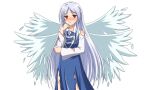  1girl absurdres angel angel_wings asatsuki_(fgfff) blue_dress blush breasts collared_shirt damaged dress eyebrows_visible_through_hair feathered_wings hand_on_own_face highres long_hair long_sleeves looking_at_viewer multiple_wings red_eyes sariel_(touhou) shirt simple_background solo torn_clothes touhou touhou_(pc-98) very_long_hair white_background white_hair white_shirt wings 