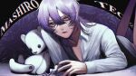  black_nails bottle chromatic_aberration collared_shirt copyright_request gender_request glint highres kamato_il long_sleeves looking_at_viewer medium_hair purple_hair second-party_source shadow shirt solo stuffed_animal stuffed_toy teddy_bear violet_eyes white_shirt 